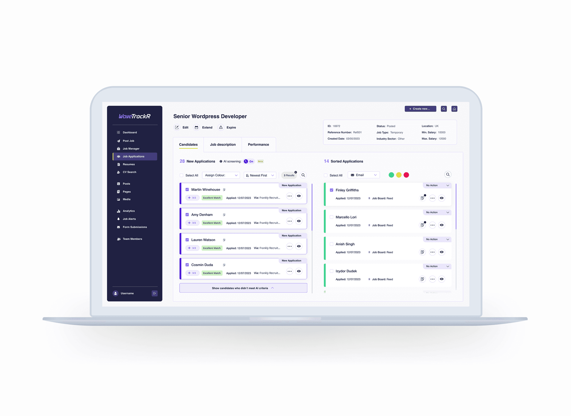 WaveTrackR recruitment platform interface