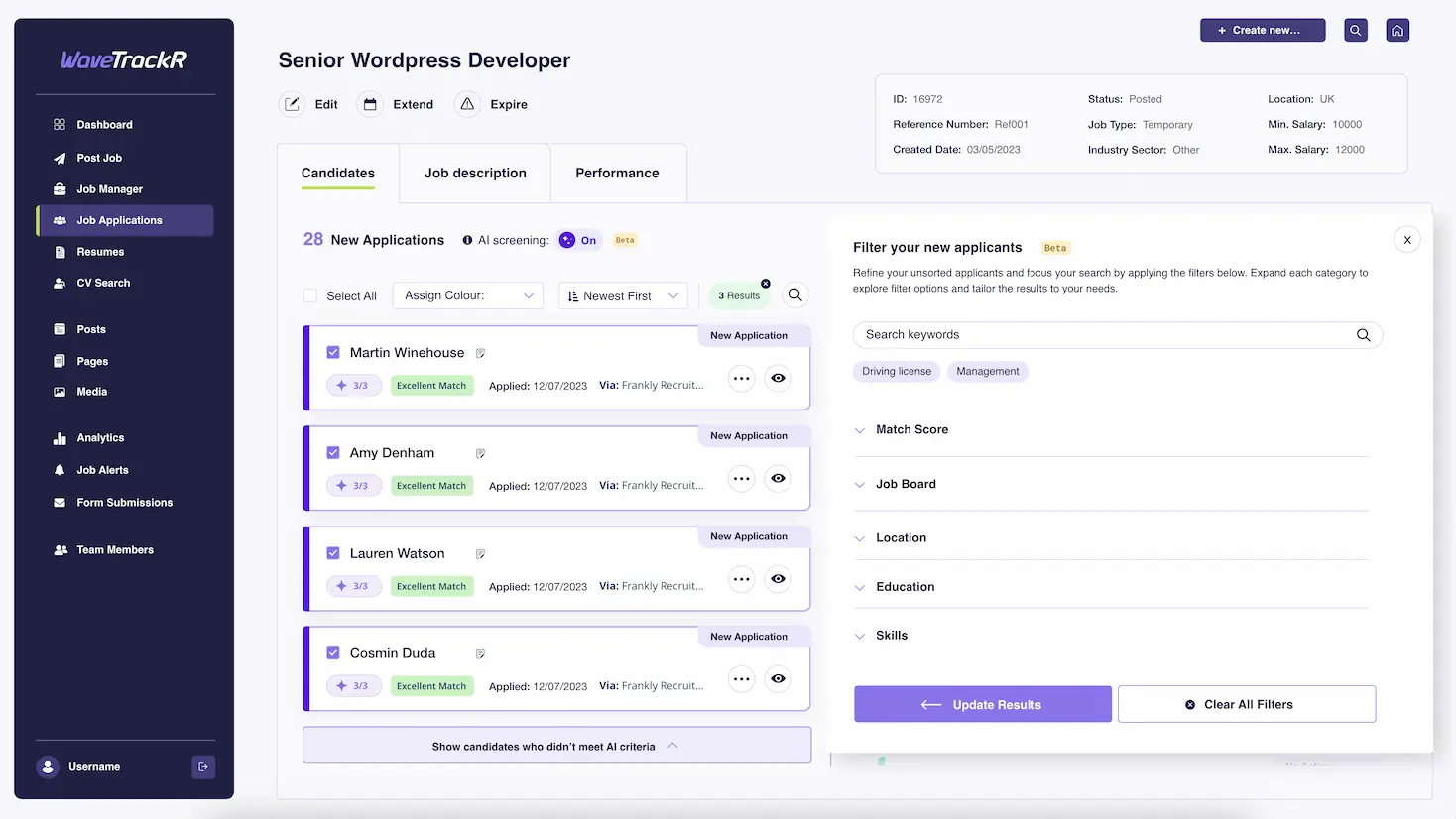 WaveTrackR AI-Powered Candidate Screening interface