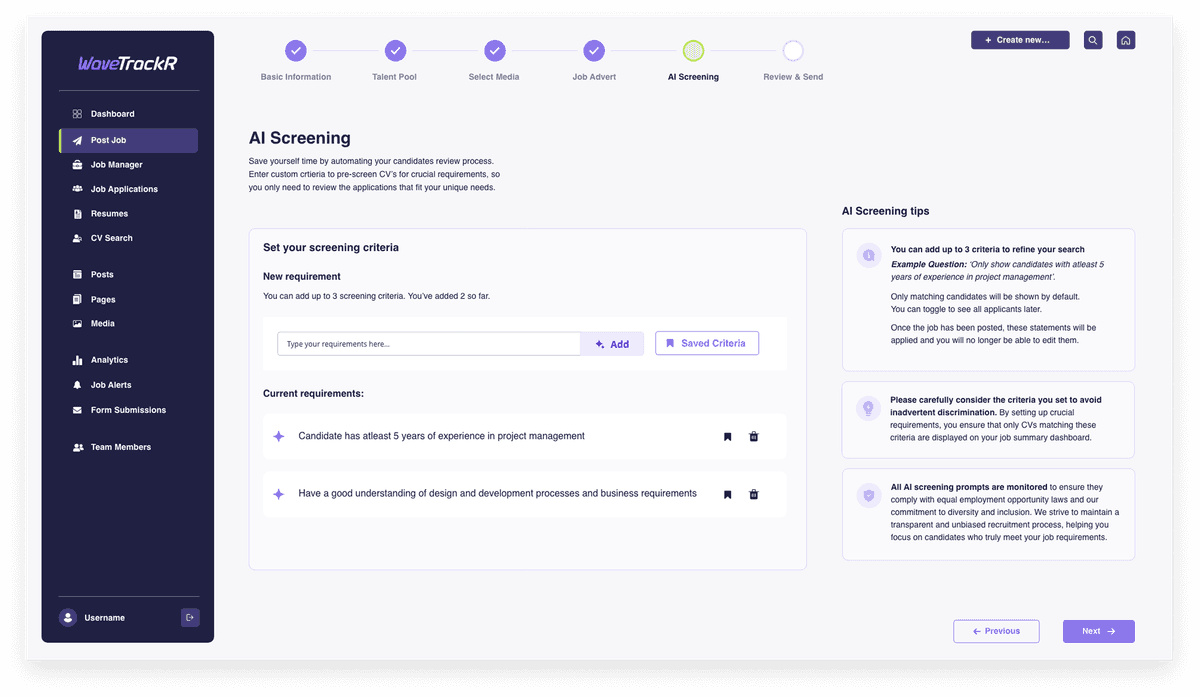 WaveTrackR AI-Powered Candidate Screening interface