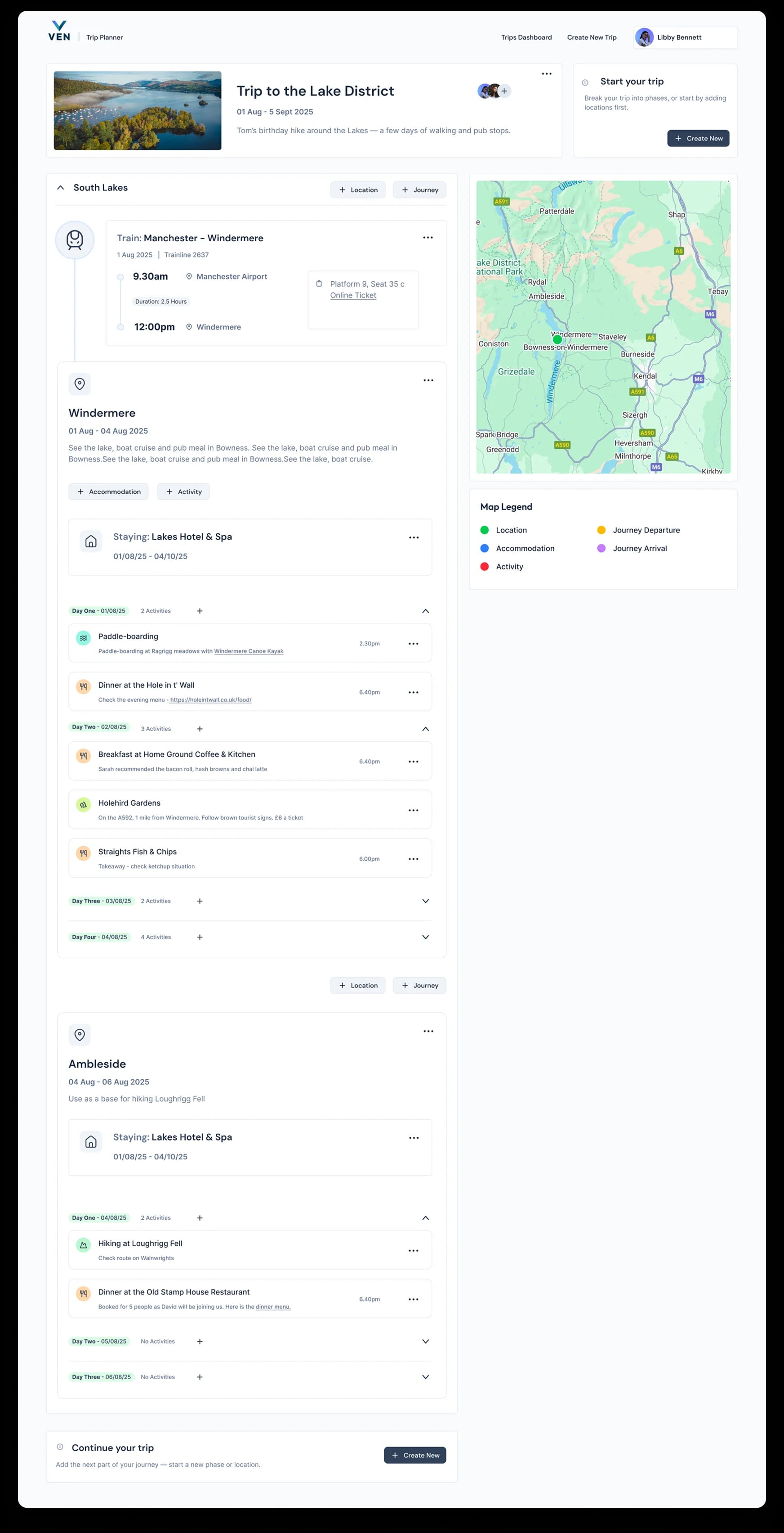 Ven Trip Planner app desktop trip interface